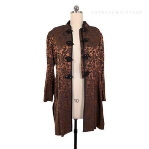 Vintage Duster Jacket 14P Copper Brown Black Asian Brocade Frog Floral Long